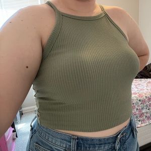 Klassy Network High Neck Brami Crop Top in Olive, Size Large